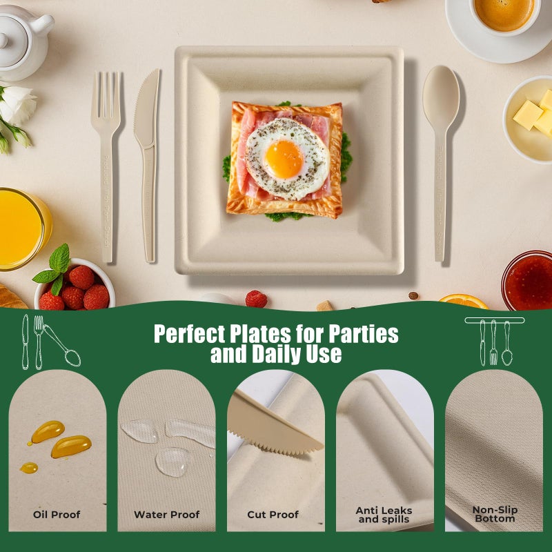 Laladeyek 300Pcs Disposable Paper Plates Set, Compostable Plate Sugarcane Utensils Eco Friendly Dinnerware Kit Includes 50 Biodegradable Plates, Forks, Knives Napkins and Spoons for Brithday Party Camping - Image 4