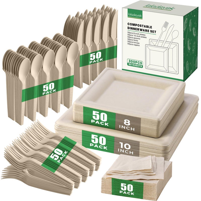 Laladeyek 300Pcs Disposable Paper Plates Set, Compostable Plate Sugarcane Utensils Eco Friendly Dinnerware Kit Includes 50 Biodegradable Plates, Forks, Knives Napkins and Spoons for Brithday Party Camping - Image 1