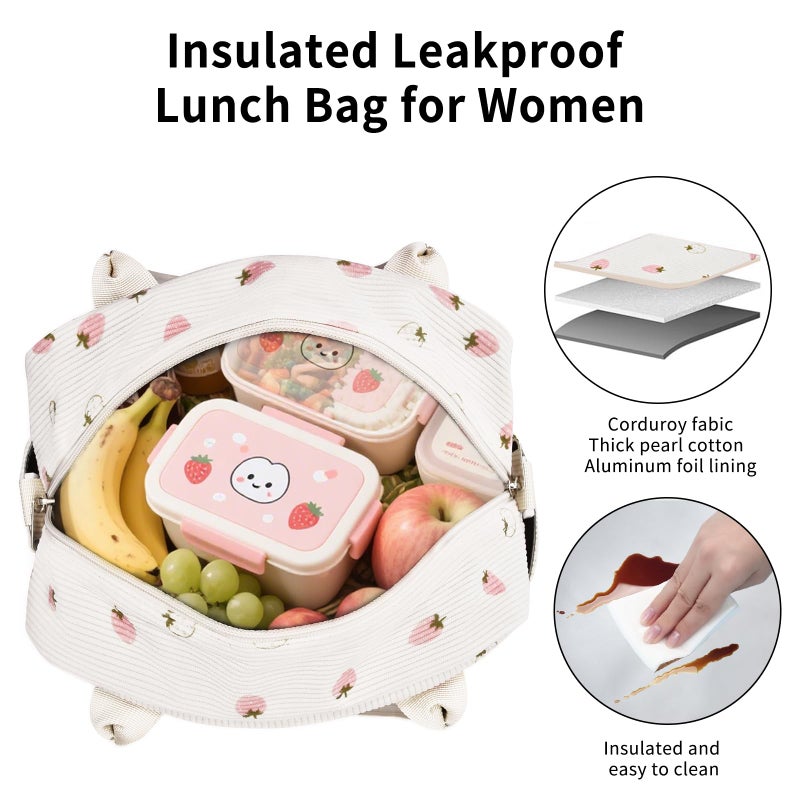 OYLOLA Lunch Bag Women Lunch Box for Women Adult Cute Insulated Lunch Bag Lager Cooler Lunch Tote Bags for Work Picnic (Beige-Light Strawberry) - Image 5