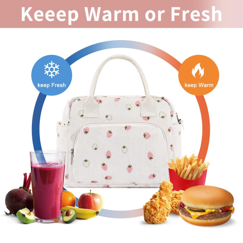 OYLOLA Lunch Bag Women Lunch Box for Women Adult Cute Insulated Lunch Bag Lager Cooler Lunch Tote Bags for Work Picnic (Beige-Light Strawberry) - Image 4