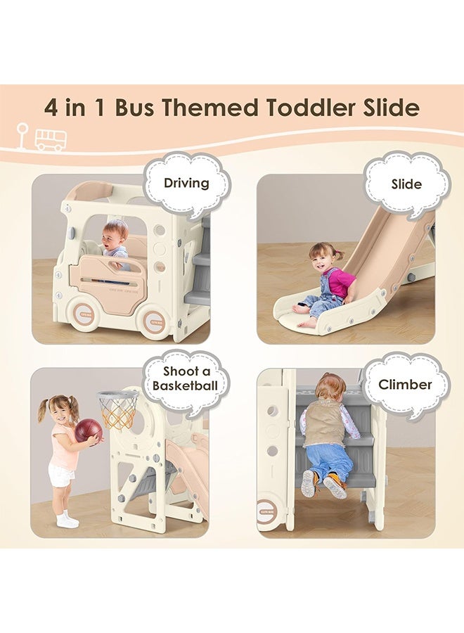 Beauenty 4 in 1 Toddler Slide, Bus Themed Baby Slide for Toddlers Age 1-3, with Basketball Hoop, Indoor Outdoor Playset Playground - Image 2