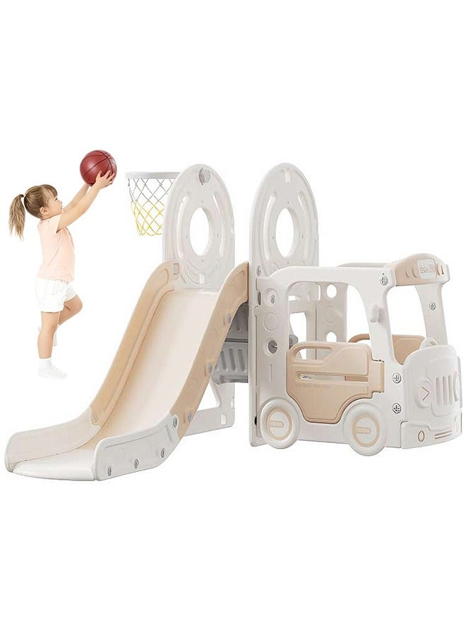 Beauenty 4 in 1 Toddler Slide, Bus Themed Baby Slide for Toddlers Age 1-3, with Basketball Hoop, Indoor Outdoor Playset Playground - Image 1