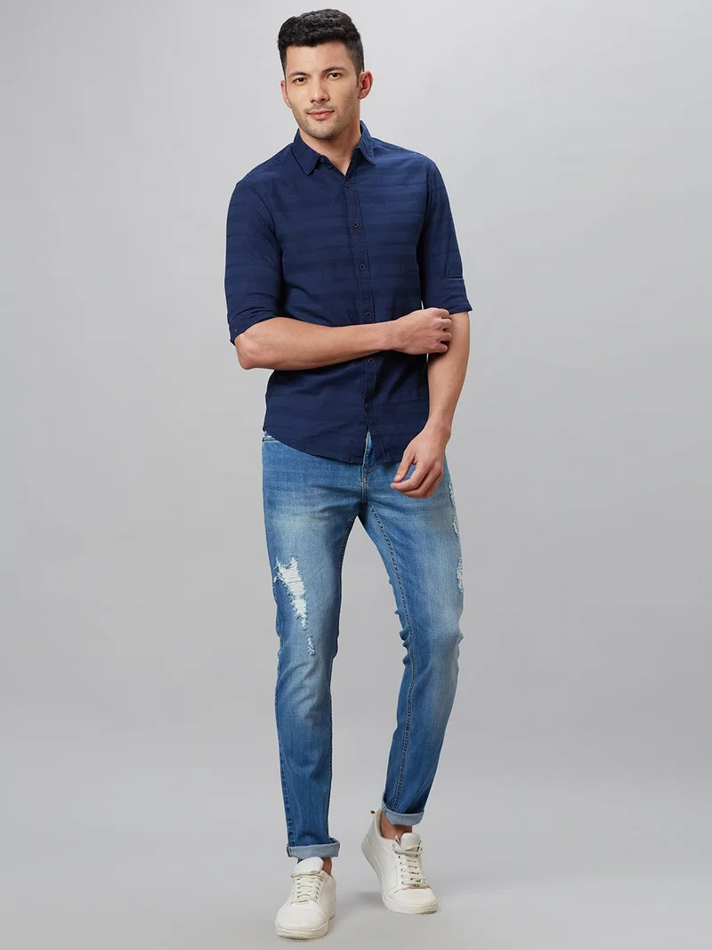 globus Globus Men Indigo Striped Cotton Regular Fit Casual Shirt