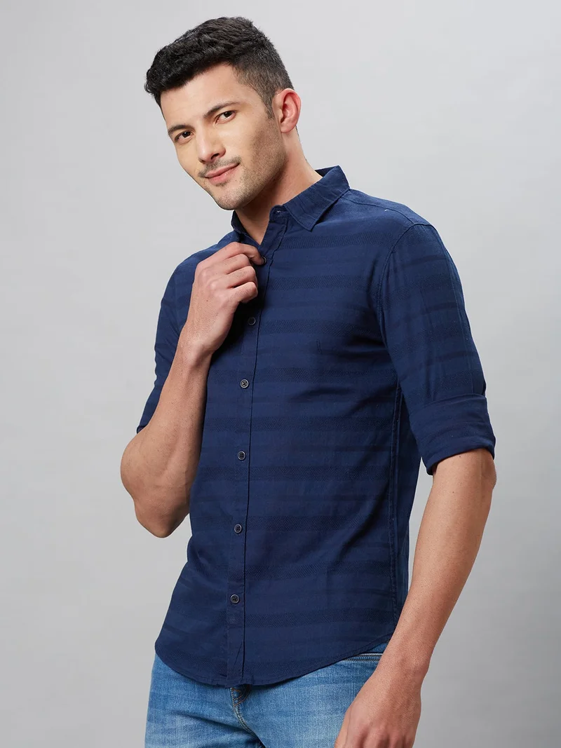 جلو باص قميص رجالي قطني مخطط كاجوال بقصة عادية