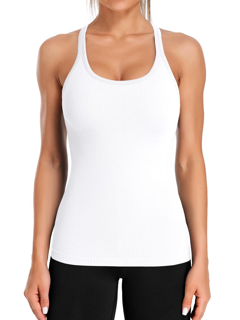 ATTRACO Seamless Workout Tank Tops for Women Racerback Athletic Tank with Built in Bra White - Image 1