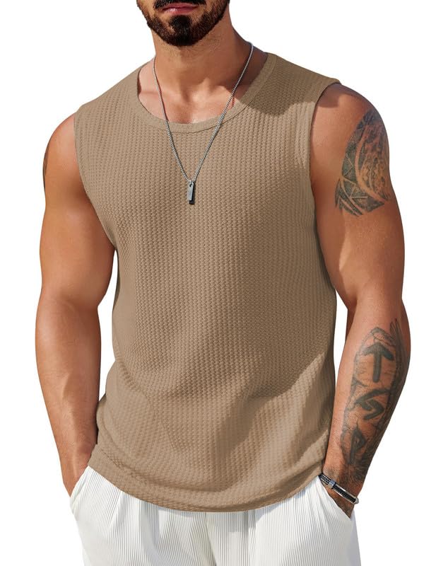 THE BLAZZE Men's Knitted Tank Tops Sleeveless Casual T Shirts Summer Beach Tank Shirts Waffle Tee B L2712N 5000 (M, CML) - Image 1