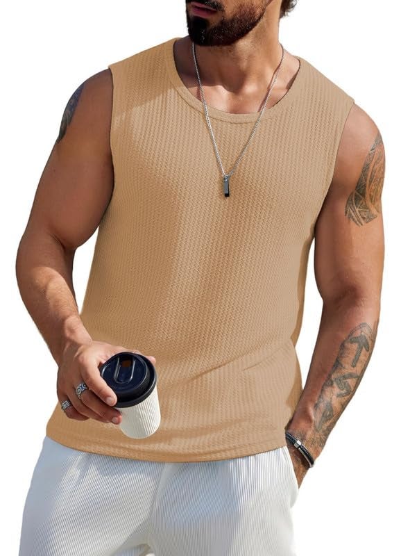 THE BLAZZE Men's Knitted Tank Tops Sleeveless Casual T Shirts Summer Beach Tank Shirts Waffle Tee B L2712N 5000 (M, CML) - Image 3