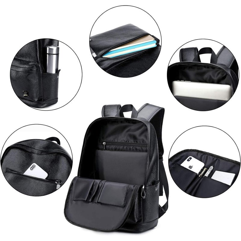 weiatas Black Leather Laptop Backpack for Men Women Work Travel, College School Backpack Casual Daypack fits 15.6 Inch - Image 4