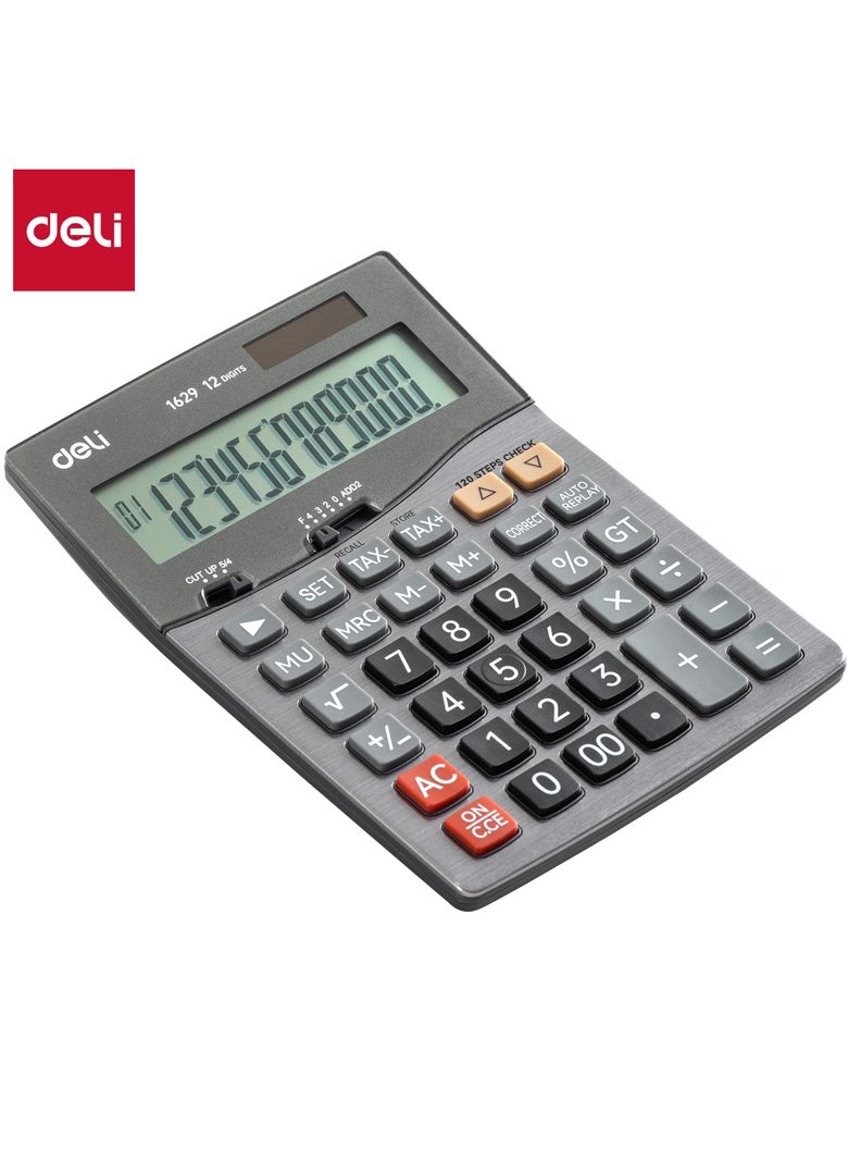 Deli Deli 12-Digit Metal Calculator - Dual Power, 120-Step Check, Dark Grey, E1629  - Image 1