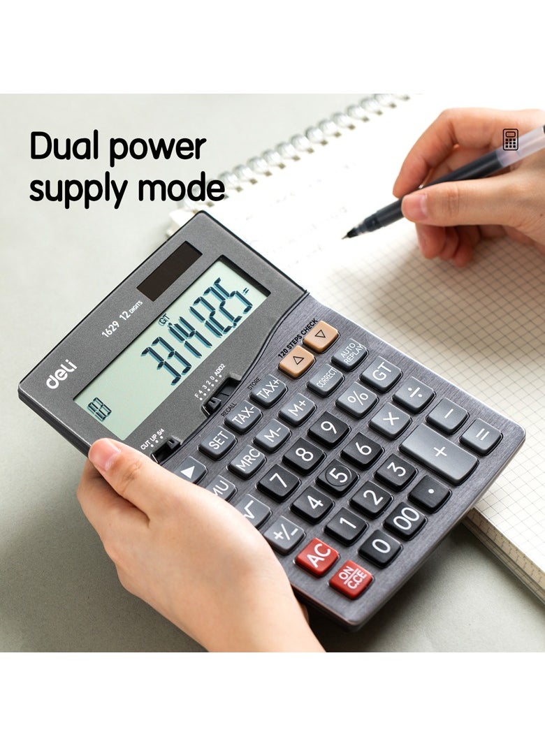 Deli Deli 12-Digit Metal Calculator - Dual Power, 120-Step Check, Dark Grey, E1629  - Image 5