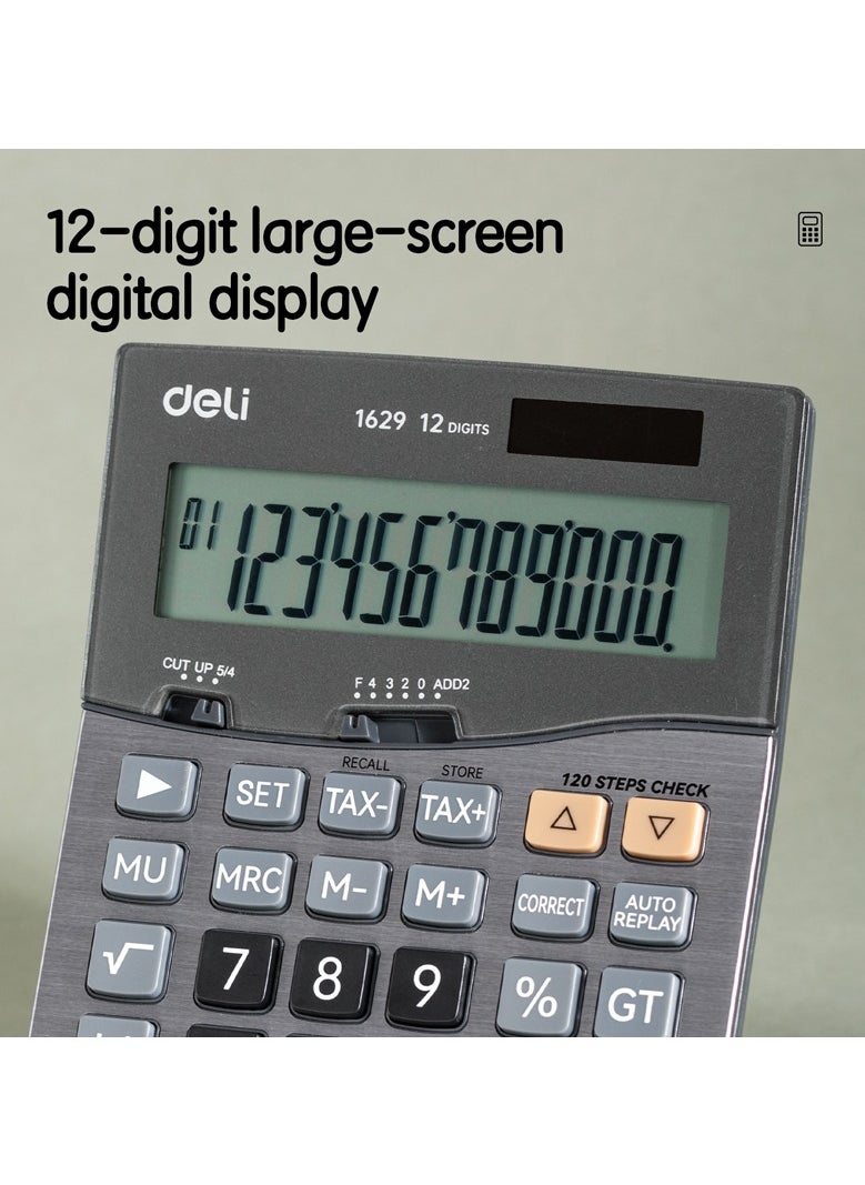 Deli Deli 12-Digit Metal Calculator - Dual Power, 120-Step Check, Dark Grey, E1629  - Image 4