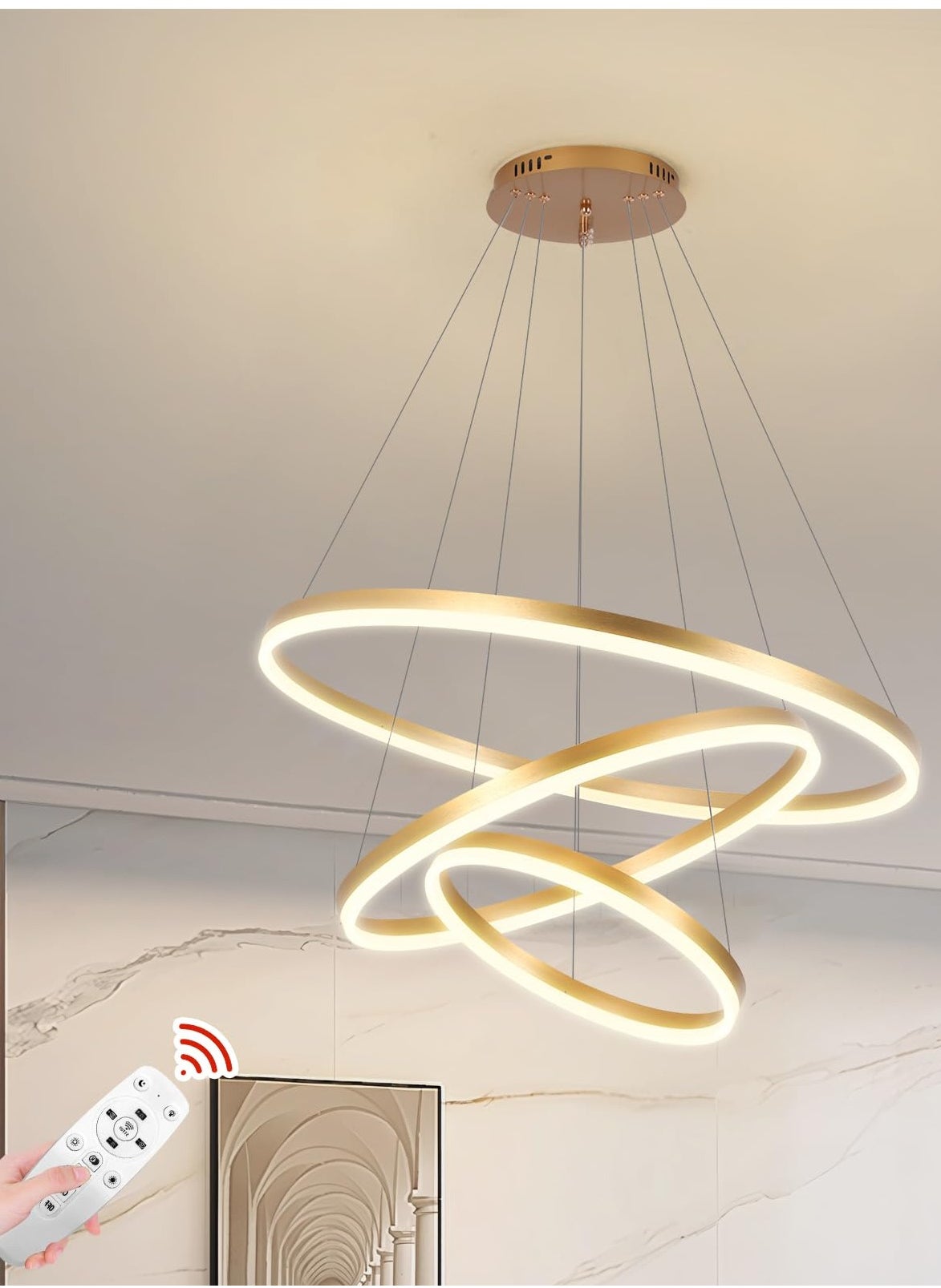 LED Classic Living Room Chandelier, Remote Control Big Dia 80cm 3 Ring Gold Modern Simple Chandelier Light, Adjustable Color Temperature Acrylic Chandelier 3 Lamp Ring 