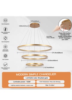 YATAI LIGHTING LED Classic Living Room Chandelier, Remote Control Big Dia 80cm 3 Ring Gold Modern Simple Chandelier Light, Adjustable Color Temperature Acrylic Chandelier 3 Lamp Ring  - Image 2
