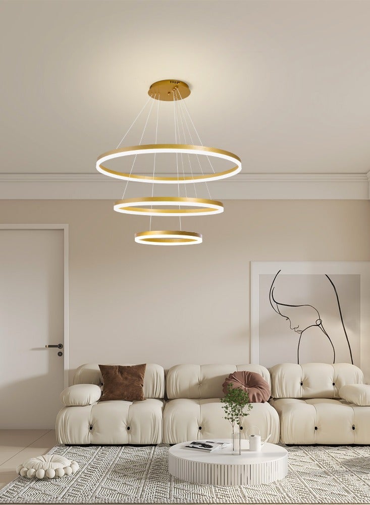 LED Classic Living Room Chandelier, Remote Control Big Dia 80cm 3 Ring Gold Modern Simple Chandelier Light, Adjustable Color Temperature Acrylic Chandelier 3 Lamp Ring
