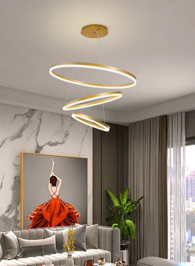LED Classic Living Room Chandelier, Remote Control Big Dia 80cm 3 Ring Gold Modern Simple Chandelier Light, Adjustable Color Temperature Acrylic Chandelier 3 Lamp Ring