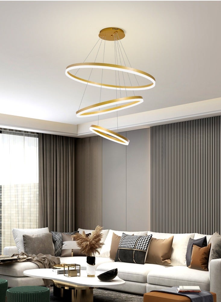 LED Classic Living Room Chandelier, Remote Control Big Dia 80cm 3 Ring Gold Modern Simple Chandelier Light, Adjustable Color Temperature Acrylic Chandelier 3 Lamp Ring