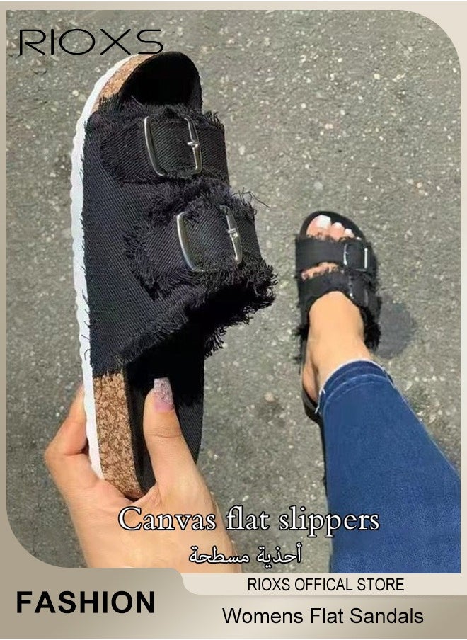 RIOXS Women's Flat Sandals,Fashion Beach Sandals,Comfort Soft Sole Sandals,Anti-Slip Opened Toe Shoes,Flats With Double Buckle Adjustable Straps,For House Indoor Outdoor Use  - Image 1