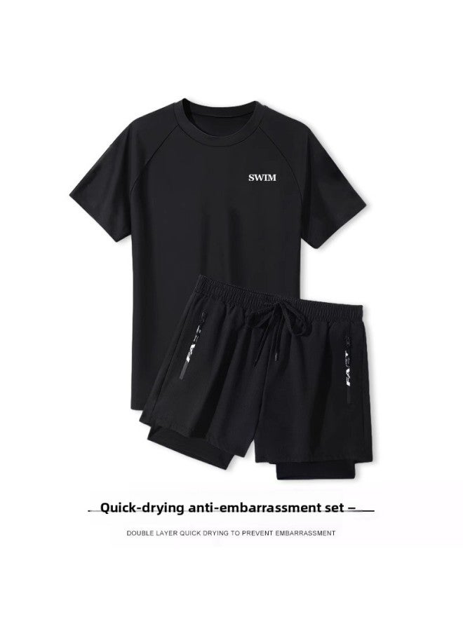 Loquat Swimsuit Men's Professional Black Anti-embarrassment Plus Size Double-layer Swimming Trunks Men's Swimsuit Hot Spring Suit Men's Full Set-Color:Black Suit (Pocket)- - Image 1