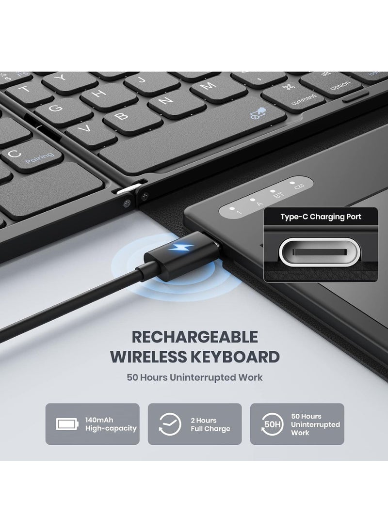 Rock Pow - Foldable Bluetooth Keyboard Portable Full Size Folding Keyboard with Touchpad PU Leather Wireless Travel Keyboard for Windows iOS Android Mac - Image 1