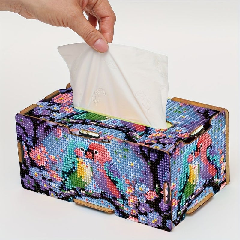 Handmade Wooden Parrot Diamond Painting Tissue Box Reusable Mixed Color Storage - Image 5
