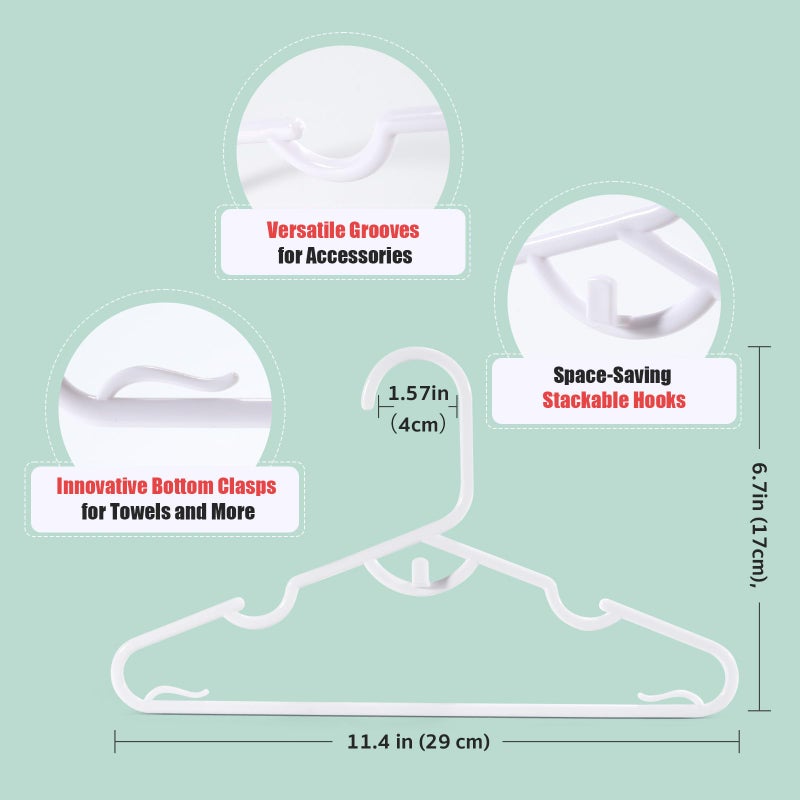 Piglog Baby Hangers 60 قطعة شماعات أطفال بيضاء، شماعات ملابس أطفال متعددة الوظائف، شماعات أطفال صغار للأطفال الصغار والأطفال، شماعات متينة للأطفال، تصميم قابل للتكديس لتوفير التباعد - Image 2