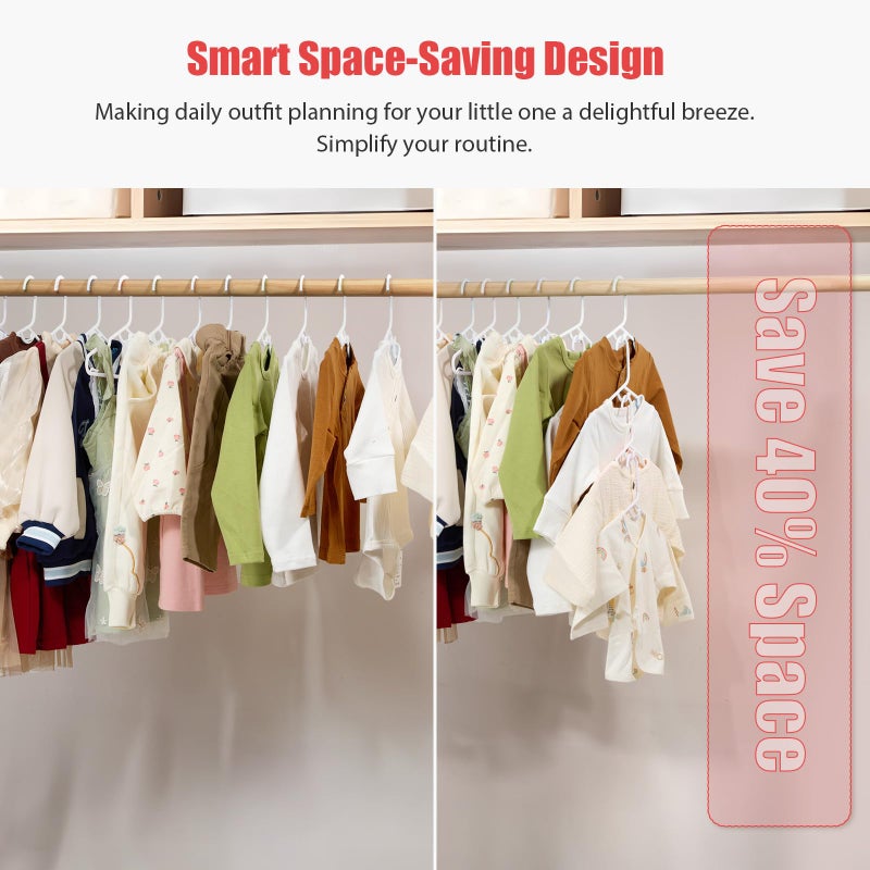 Piglog Baby Hangers 60 قطعة شماعات أطفال بيضاء، شماعات ملابس أطفال متعددة الوظائف، شماعات أطفال صغار للأطفال الصغار والأطفال، شماعات متينة للأطفال، تصميم قابل للتكديس لتوفير التباعد - Image 3