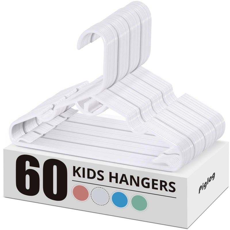 Piglog Baby Hangers 60 قطعة شماعات أطفال بيضاء، شماعات ملابس أطفال متعددة الوظائف، شماعات أطفال صغار للأطفال الصغار والأطفال، شماعات متينة للأطفال، تصميم قابل للتكديس لتوفير التباعد - Image 1