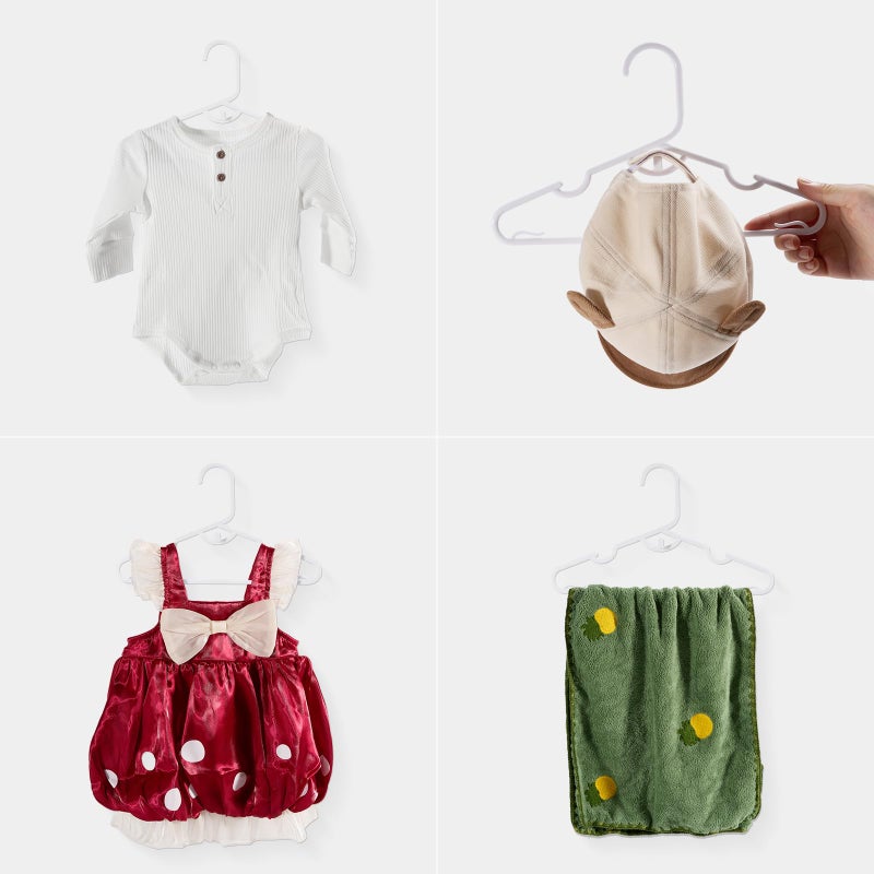 Piglog Baby Hangers 60 قطعة شماعات أطفال بيضاء، شماعات ملابس أطفال متعددة الوظائف، شماعات أطفال صغار للأطفال الصغار والأطفال، شماعات متينة للأطفال، تصميم قابل للتكديس لتوفير التباعد - Image 5