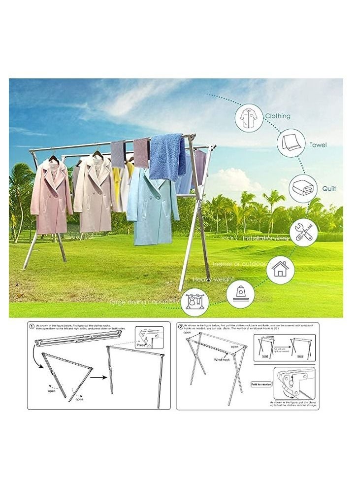 Taimi - Clothes Drying Rack, Stainless Steel Clothes Shelf, Adjustable Folding and Saver Space Storage for Indoor/Outdoor with Windproof Hooks 200CM - Image 1