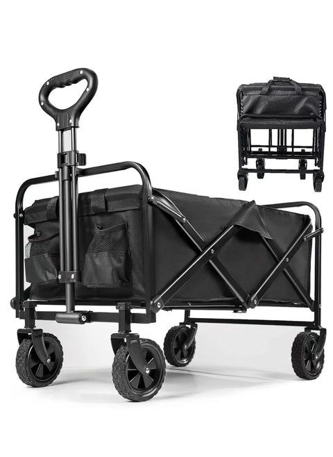 Foldable Outdoor Camping Wagon Cart  Widened Heavy Duty Garden Cart with Wheels Utility Picnic Trailer with Push Handle Black