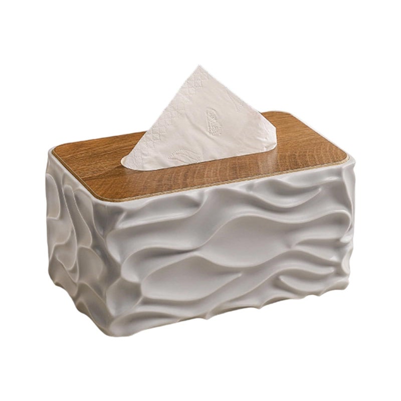 Grey Waved Texture Tissue Box With Natural Wooden Accent Office Desk Accessory - Image 2