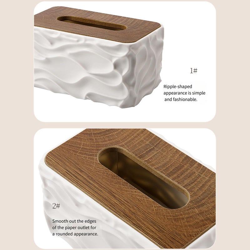 Grey Waved Texture Tissue Box With Natural Wooden Accent Office Desk Accessory - Image 3