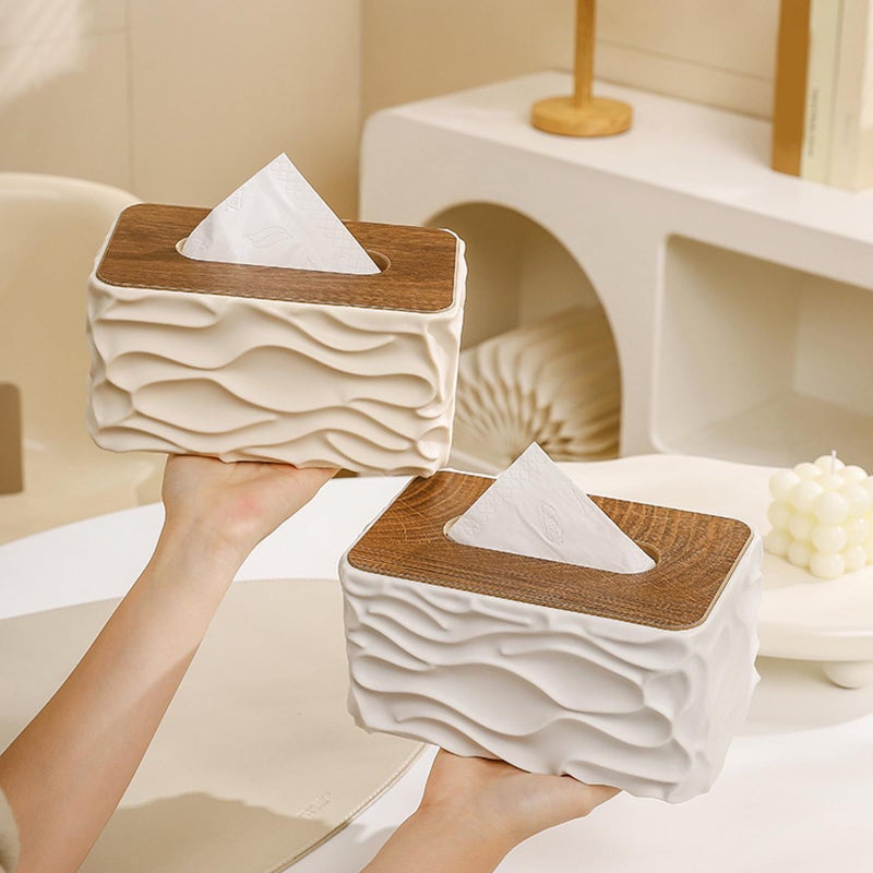 Grey Waved Texture Tissue Box With Natural Wooden Accent Office Desk Accessory - Image 4