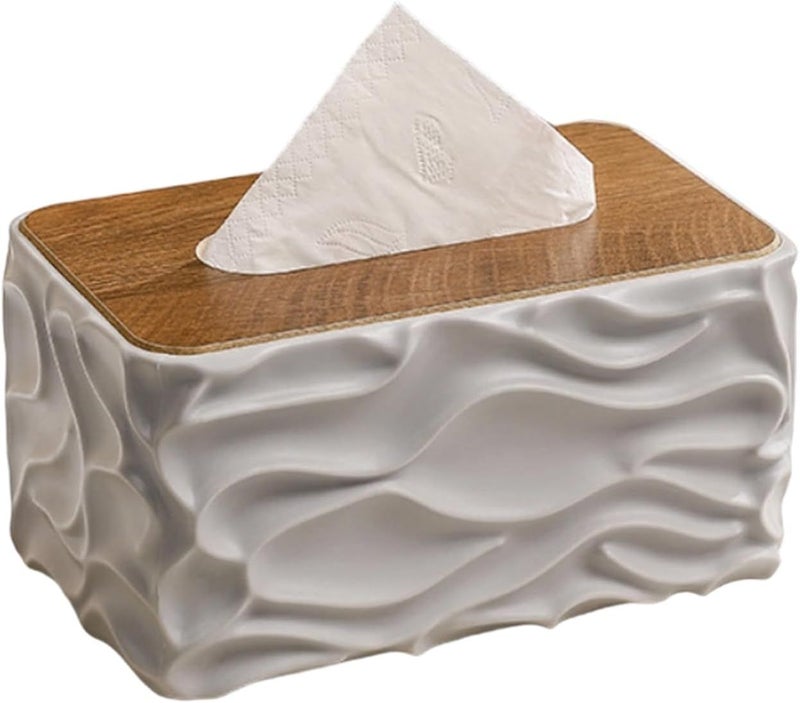 Grey Waved Texture Tissue Box With Natural Wooden Accent Office Desk Accessory - Image 1