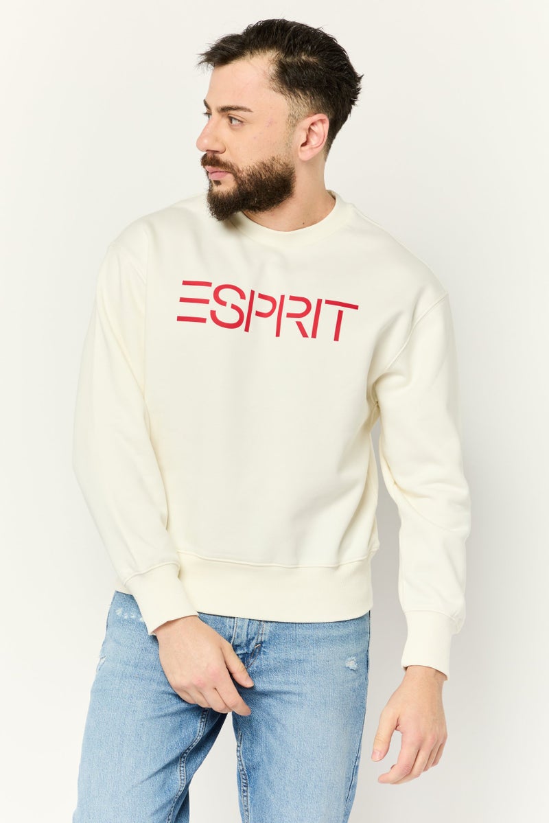 ESPRIT Men Crew Neck Long Sleeves Brand Logo Sweatshirts, Off White - Image 1
