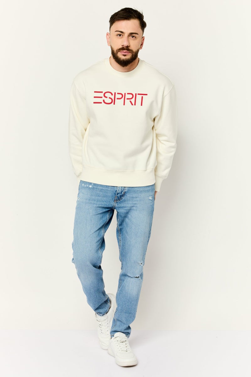 ESPRIT Men Crew Neck Long Sleeves Brand Logo Sweatshirts, Off White - Image 4