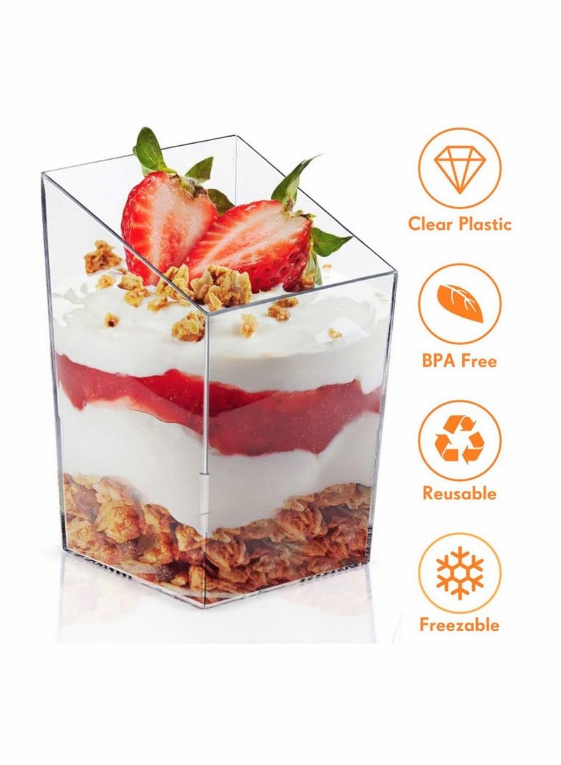 Y&D 30 x 3 oz Mini Dessert Cups with Spoons Square Slanted - Clear Plastic Parfait Appetizer Cup - Image 3
