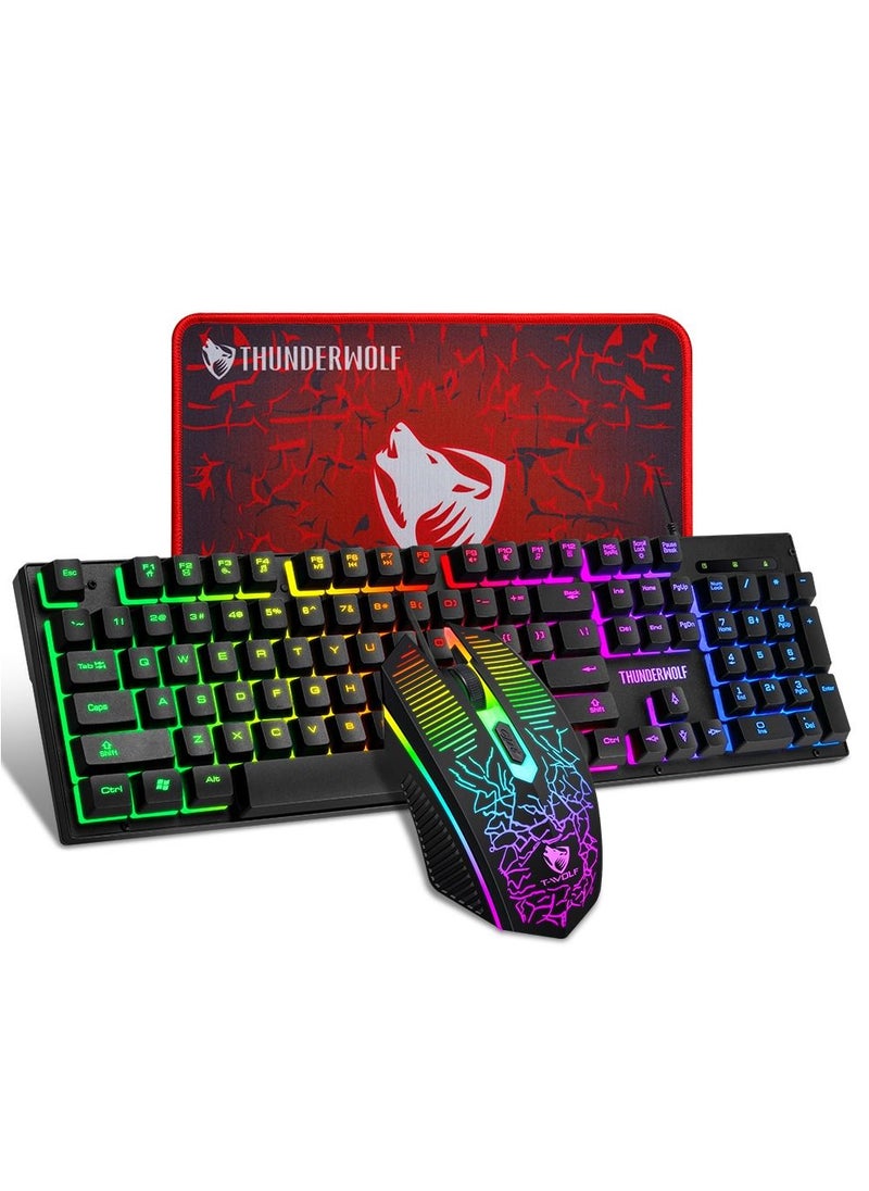 T-WOLF - 3-in-1 Gaming Keyboard Mouse Combo with Mouse Pad 104-Key Wired Gaming Keyboard with Rainbow Backlight Mouse Set for PC Gaming - Image 1