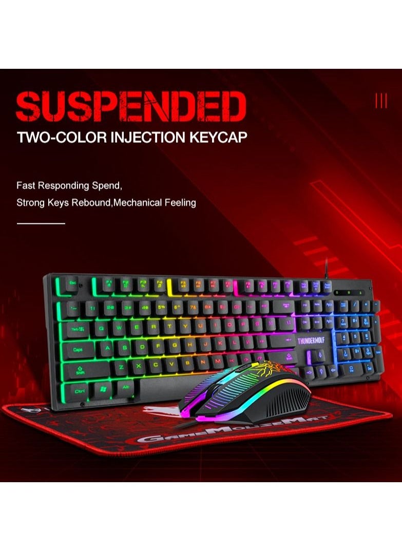 T-WOLF - 3-in-1 Gaming Keyboard Mouse Combo with Mouse Pad 104-Key Wired Gaming Keyboard with Rainbow Backlight Mouse Set for PC Gaming - Image 1
