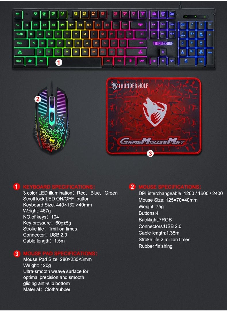 T-WOLF - 3-in-1 Gaming Keyboard Mouse Combo with Mouse Pad 104-Key Wired Gaming Keyboard with Rainbow Backlight Mouse Set for PC Gaming - Image 1