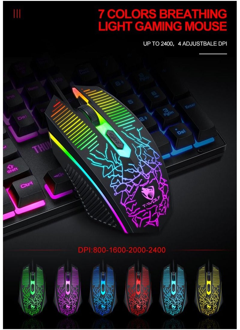 T-WOLF - 3-in-1 Gaming Keyboard Mouse Combo with Mouse Pad 104-Key Wired Gaming Keyboard with Rainbow Backlight Mouse Set for PC Gaming - Image 1