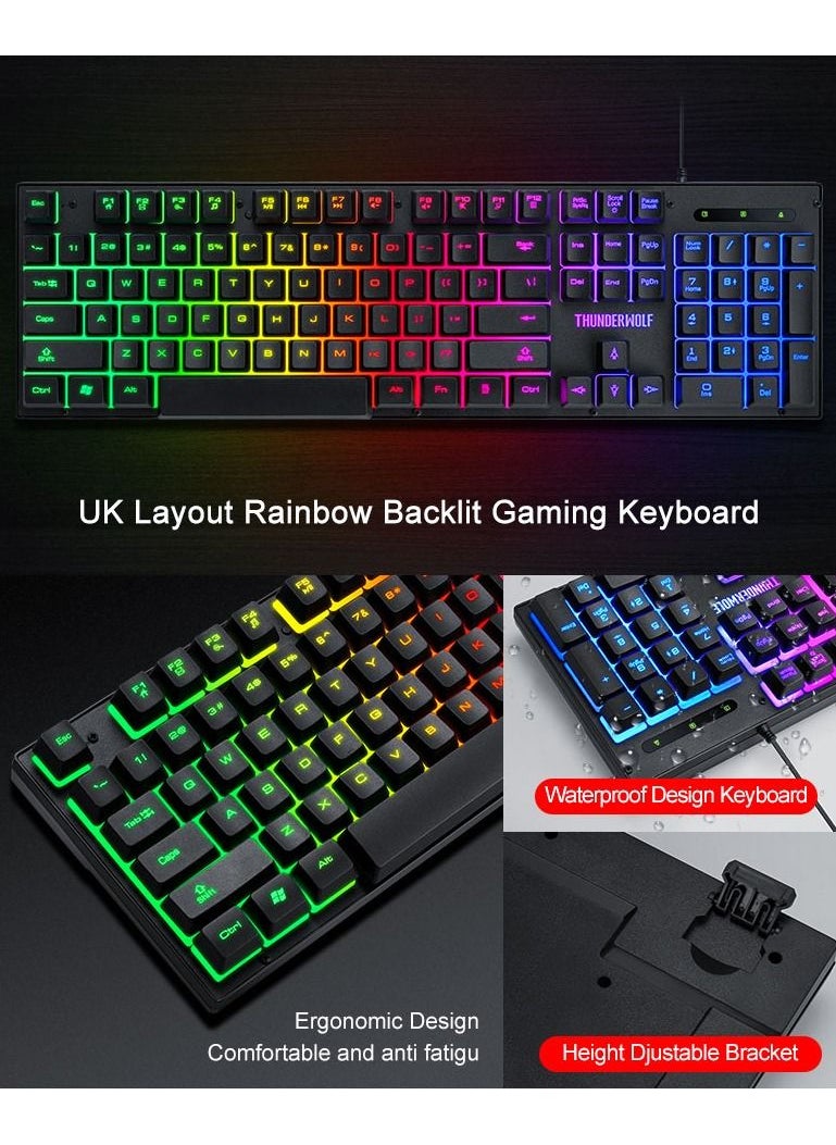 T-WOLF - 3-in-1 Gaming Keyboard Mouse Combo with Mouse Pad 104-Key Wired Gaming Keyboard with Rainbow Backlight Mouse Set for PC Gaming - Image 1