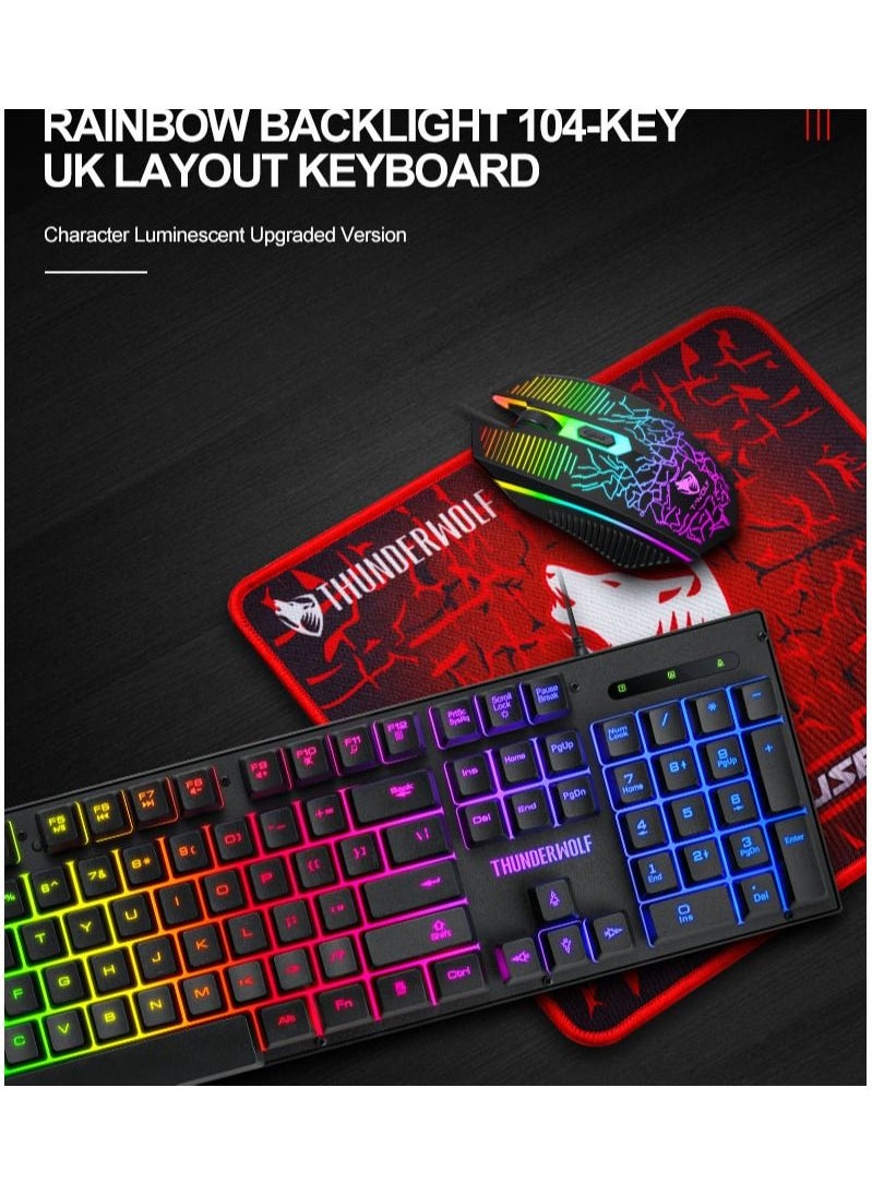 T-WOLF - 3-in-1 Gaming Keyboard Mouse Combo with Mouse Pad 104-Key Wired Gaming Keyboard with Rainbow Backlight Mouse Set for PC Gaming - Image 1