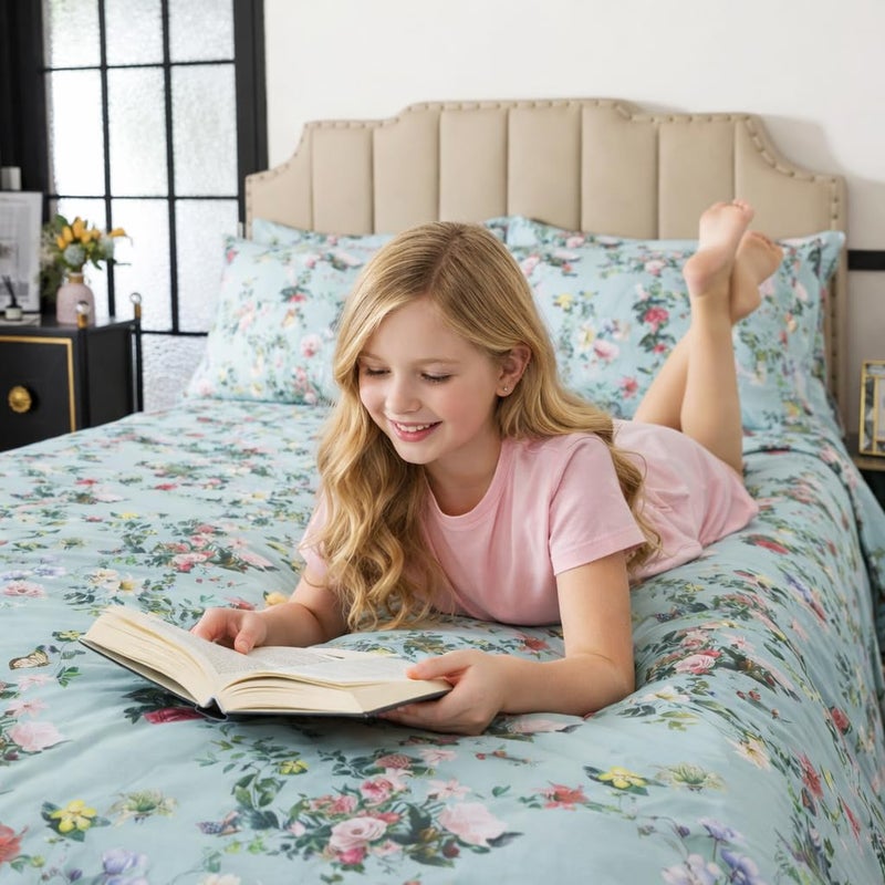 FADFAY King Size Sheet Set 4-Piece, 100% Cotton Mint Green Floral Bedding, Soft & Breathable Vintage Botanical Style, Deep Pocket Fitted Sheet, All-Season Cozy Bed Sheet Set - Image 4