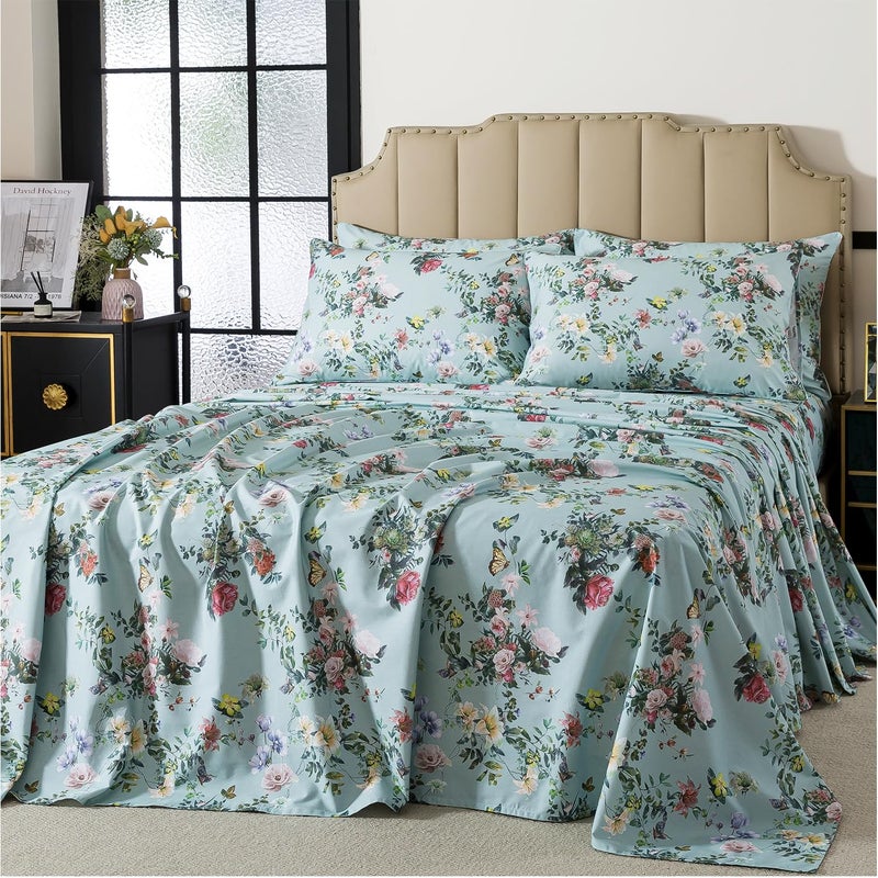 FADFAY King Size Sheet Set 4-Piece, 100% Cotton Mint Green Floral Bedding, Soft & Breathable Vintage Botanical Style, Deep Pocket Fitted Sheet, All-Season Cozy Bed Sheet Set - Image 2