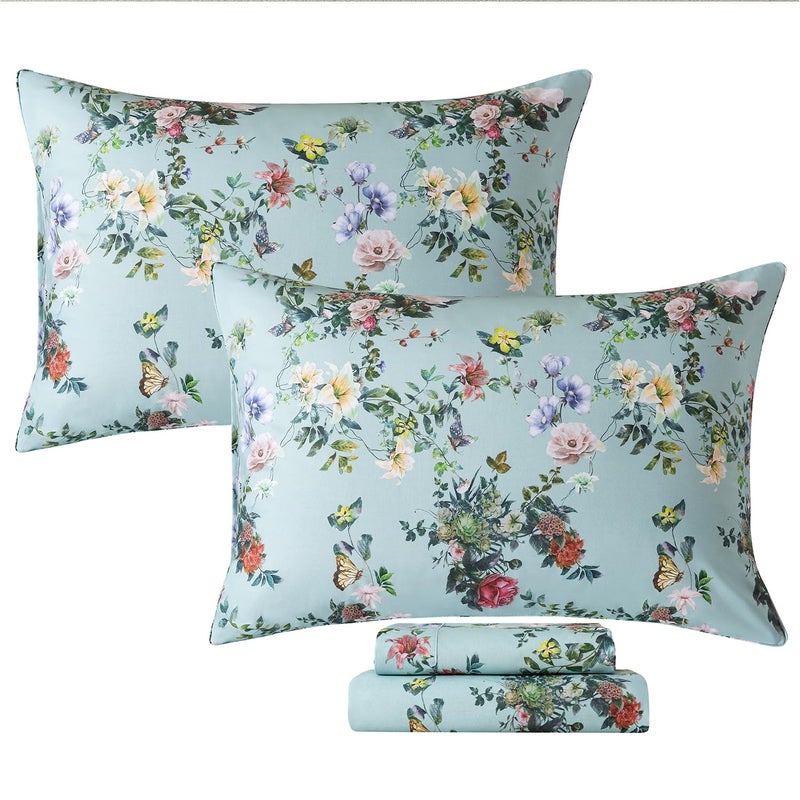 FADFAY King Size Sheet Set 4-Piece, 100% Cotton Mint Green Floral Bedding, Soft & Breathable Vintage Botanical Style, Deep Pocket Fitted Sheet, All-Season Cozy Bed Sheet Set - Image 1
