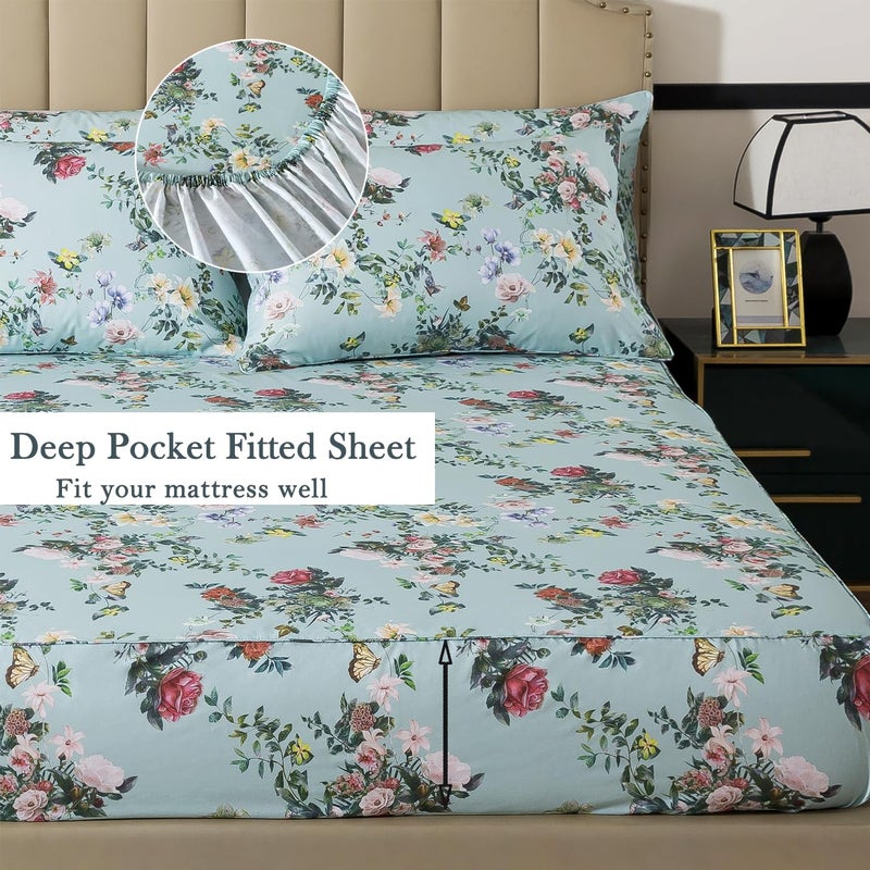 FADFAY King Size Sheet Set 4-Piece, 100% Cotton Mint Green Floral Bedding, Soft & Breathable Vintage Botanical Style, Deep Pocket Fitted Sheet, All-Season Cozy Bed Sheet Set - Image 5