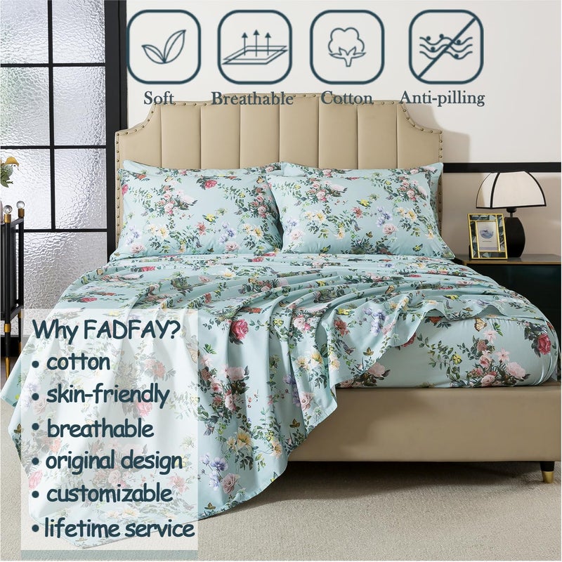 FADFAY King Size Sheet Set 4-Piece, 100% Cotton Mint Green Floral Bedding, Soft & Breathable Vintage Botanical Style, Deep Pocket Fitted Sheet, All-Season Cozy Bed Sheet Set - Image 3