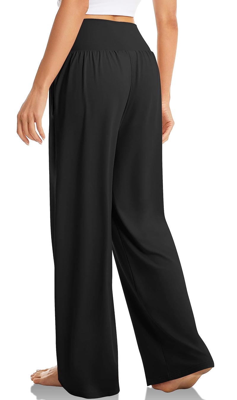 TARSE Womens Plus Size Pants Elastic Waist Yoga Pants Comfy Lounge Pajama Flowy Pants Pockets Sweatpants(Black,3XL XXXL) - Image 2