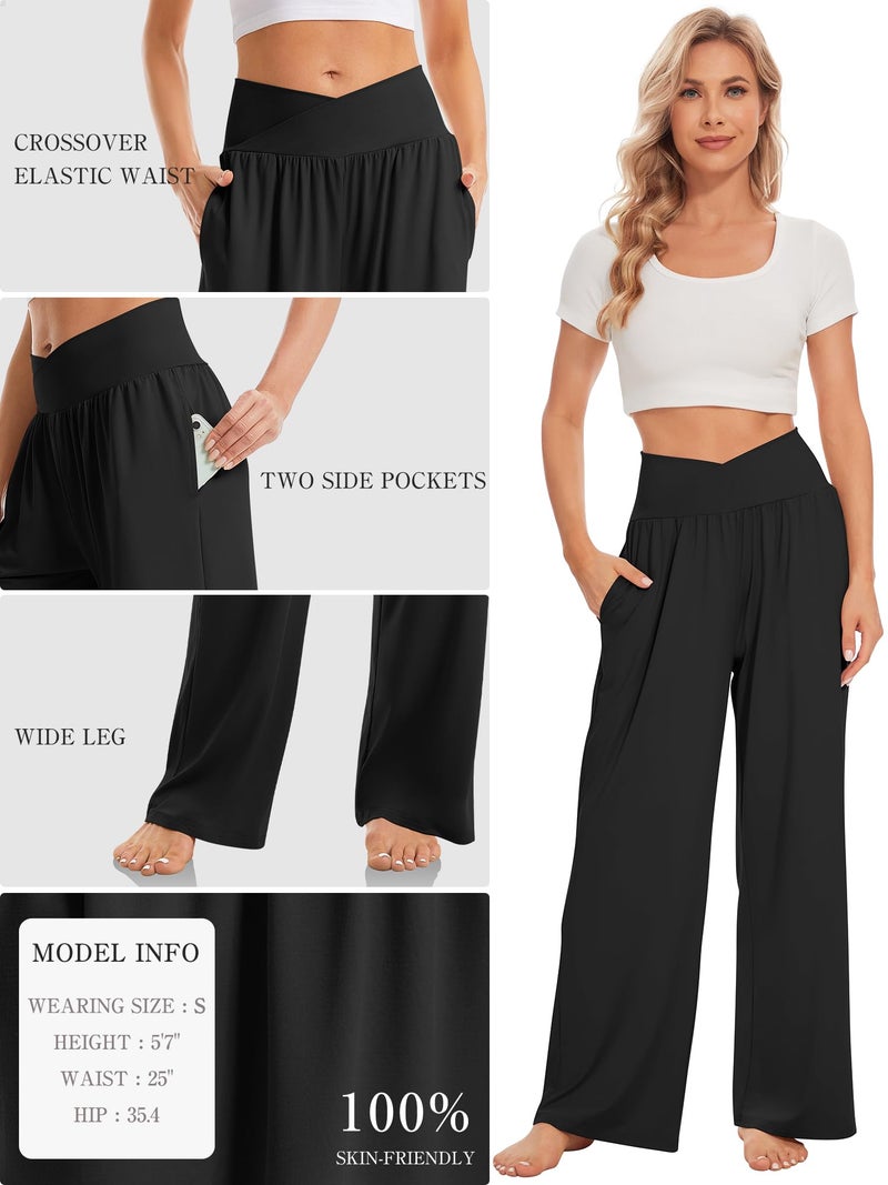 TARSE Womens Plus Size Pants Elastic Waist Yoga Pants Comfy Lounge Pajama Flowy Pants Pockets Sweatpants(Black,3XL XXXL) - Image 4